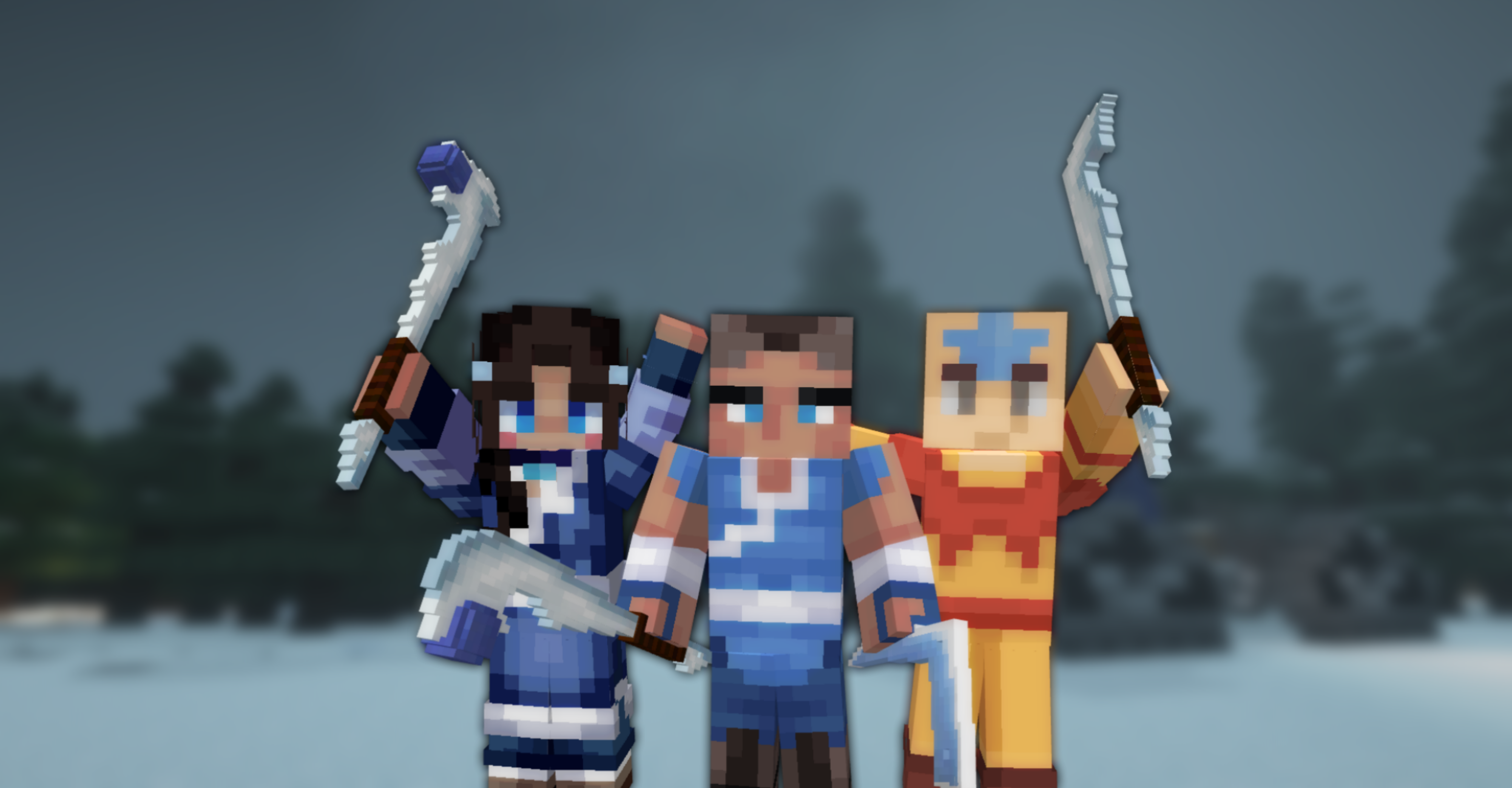 Render of Sokka, Katara, and Aang holding Sokka's weapons, made by daales